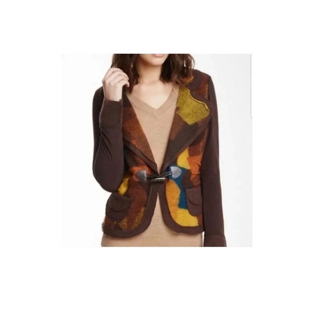 Insight Wool Blend Patchwork‎ Brown Gold Yellow Knit Blazer Cardigan Sz 6 Toggle